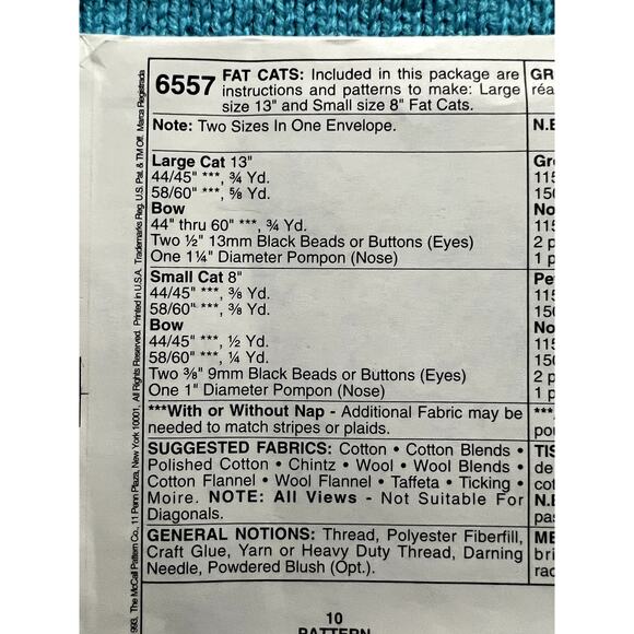 McCalls 6557 Sewing pattern Fat cat decorative plush 13in 8 in - Picture 4 of 5